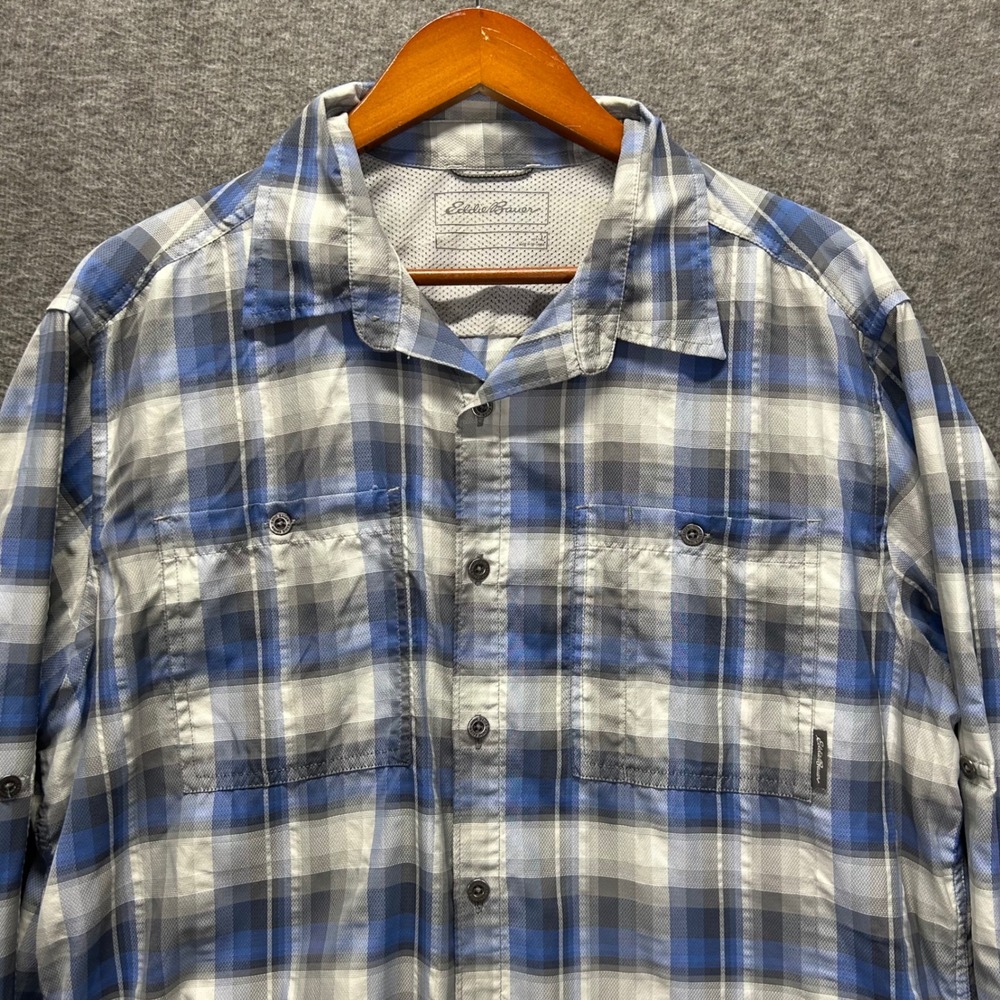 Eddie Bauer Mens Large Blue Plaid Long Sleeve Mesh Lined Hiking Shirt Roll Tab